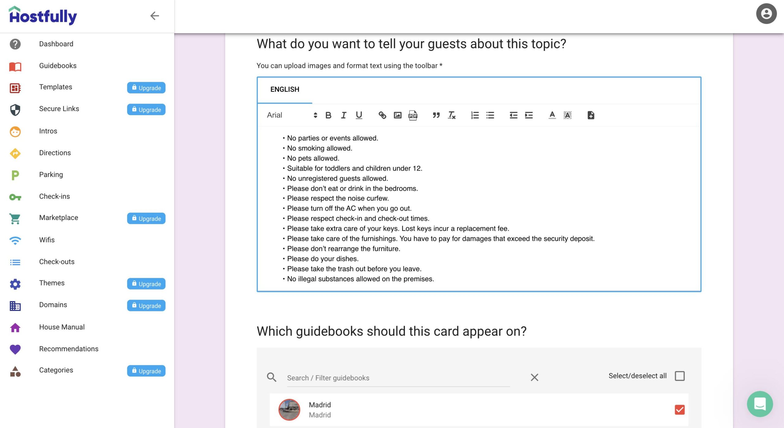 Creating house rules in Hostfully Guidebooks