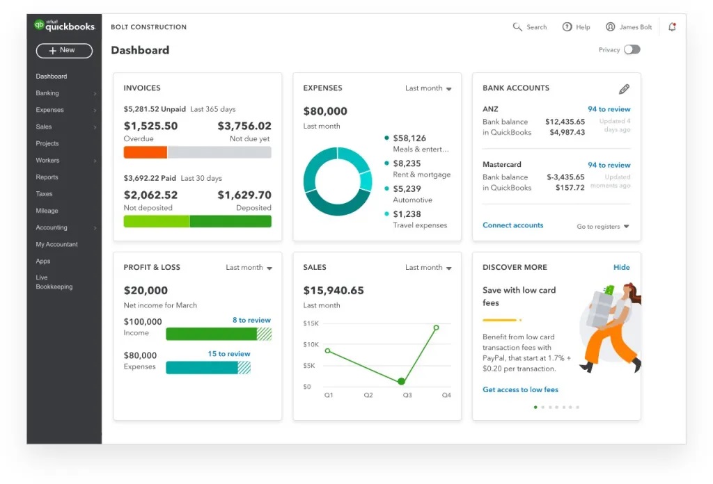  QuickBooks’ dashboard screen