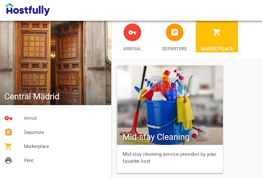 A view of the colorful Hostfully Guidebook page with upsells like mid-stay cleaning