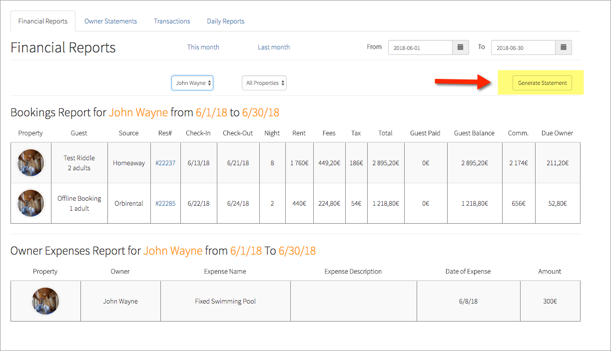  A view of Hostfully’s financial reporting tool, with an arrow pointing to the ‘generate statement’ button