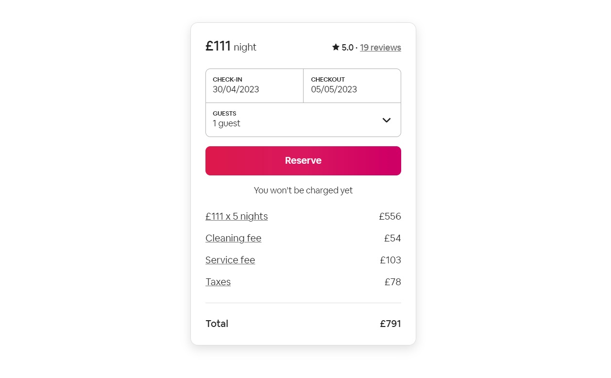 A shot of the Airbnb pricing widget, with a red Reserve button on white background.