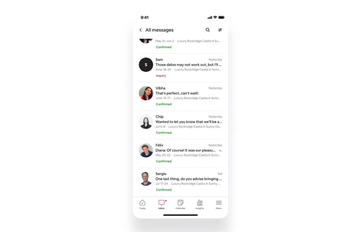 A smartphone screen with a list of Airbnb guest messages on a white background.