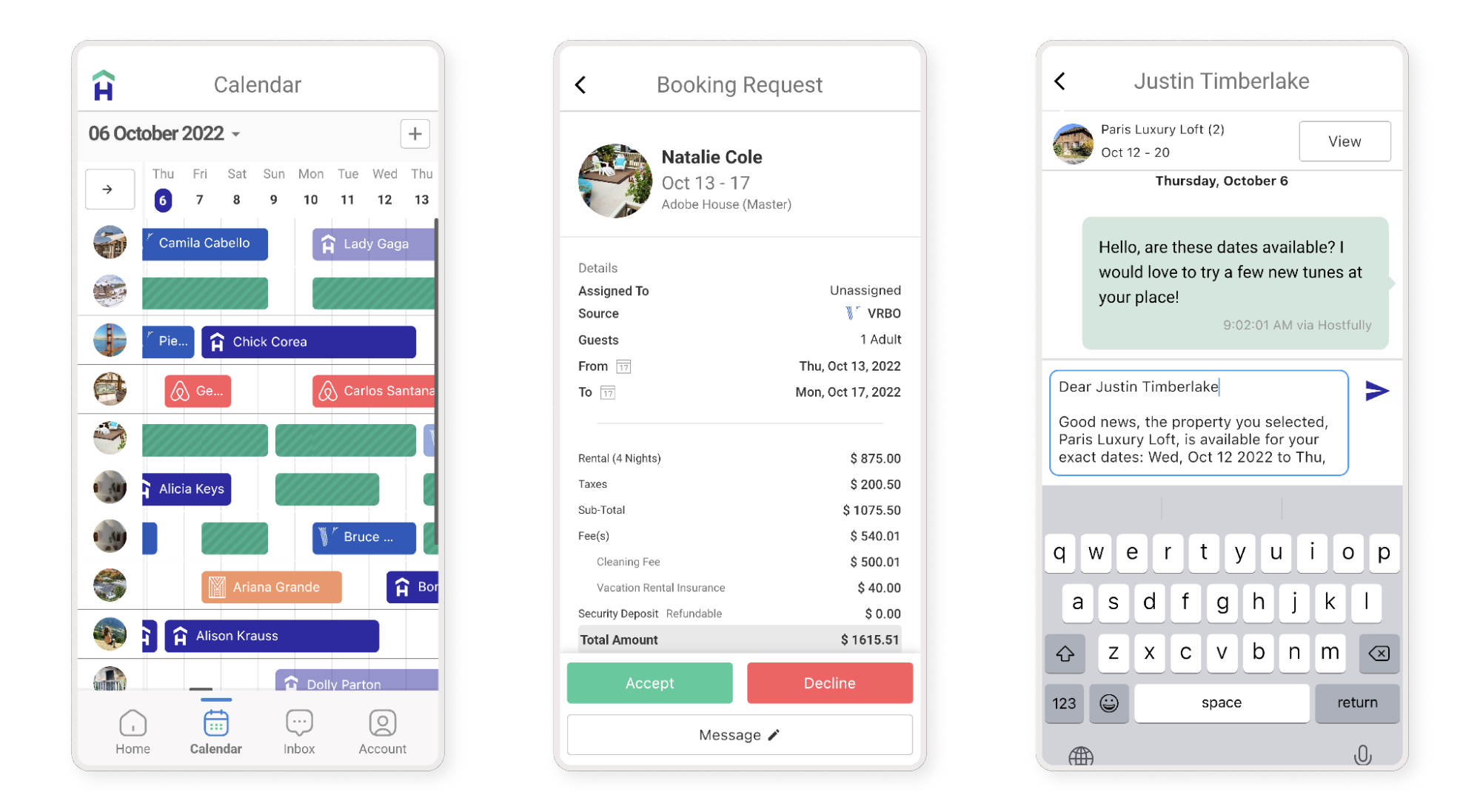 Three views of Hostfully’s smartphone app