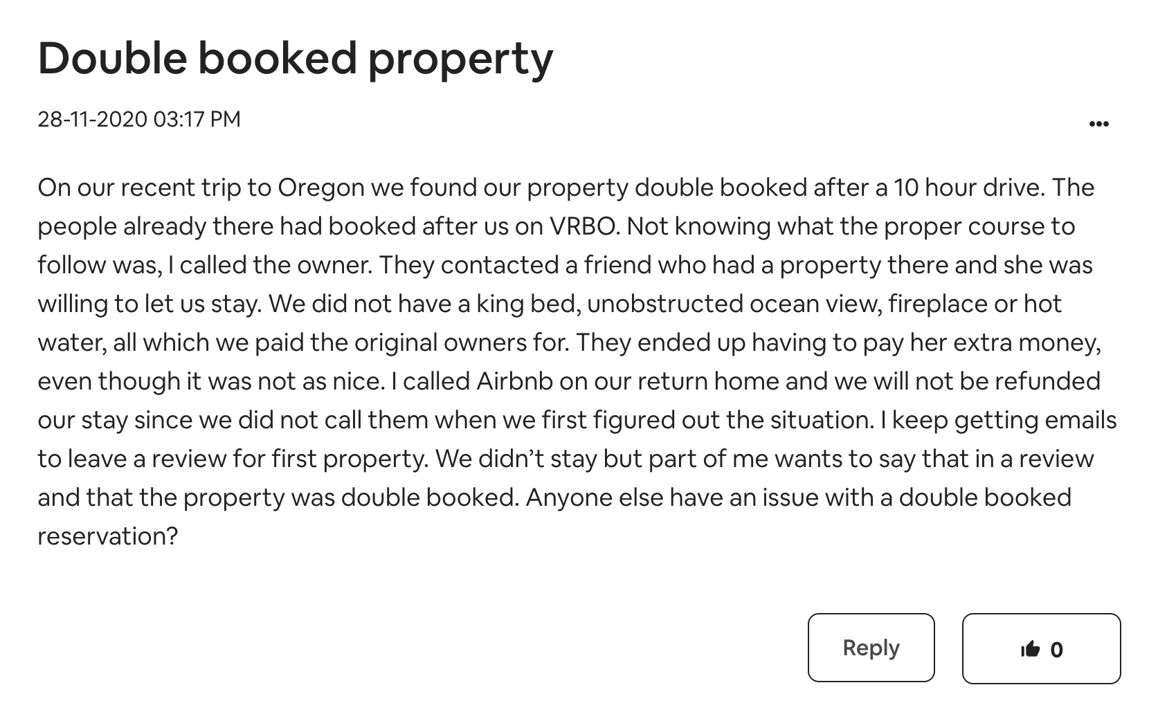 Screenshot from Airbnb community showing a conversation about a double booking and leaving a review