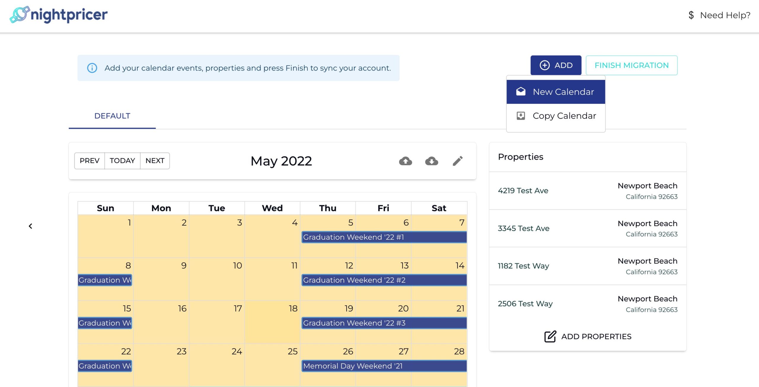 Screenshot of the Nightpricer pricing calendar