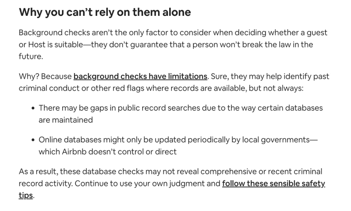 Screenshot of Airbnb’s background check information.