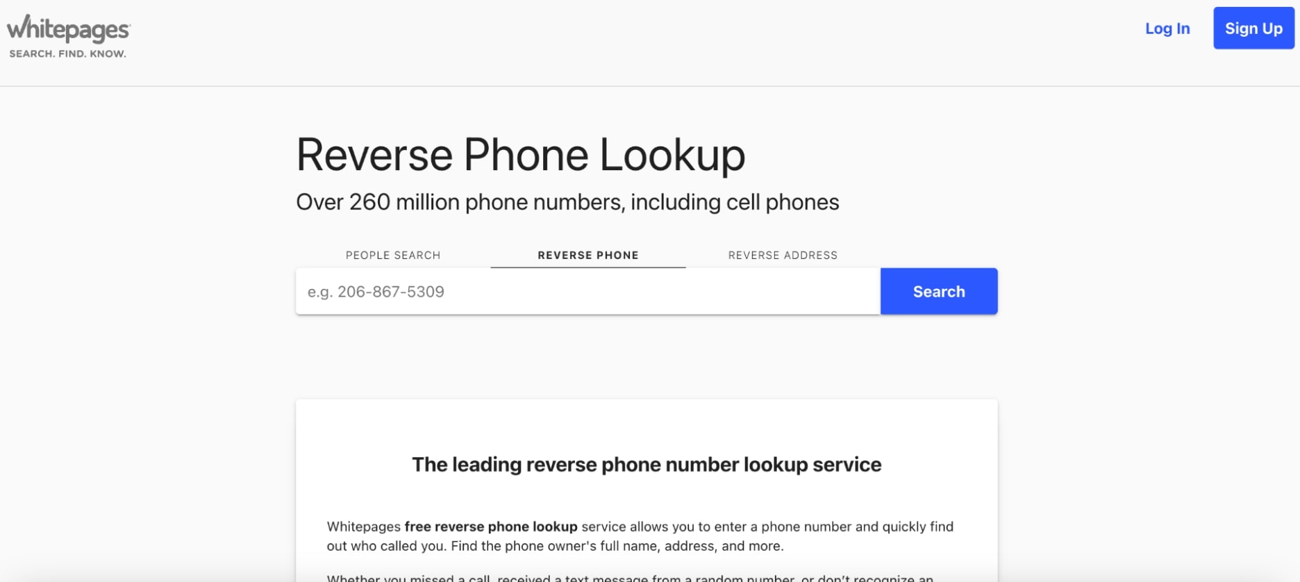 Screenshot of Whitepages reverse lookup service.