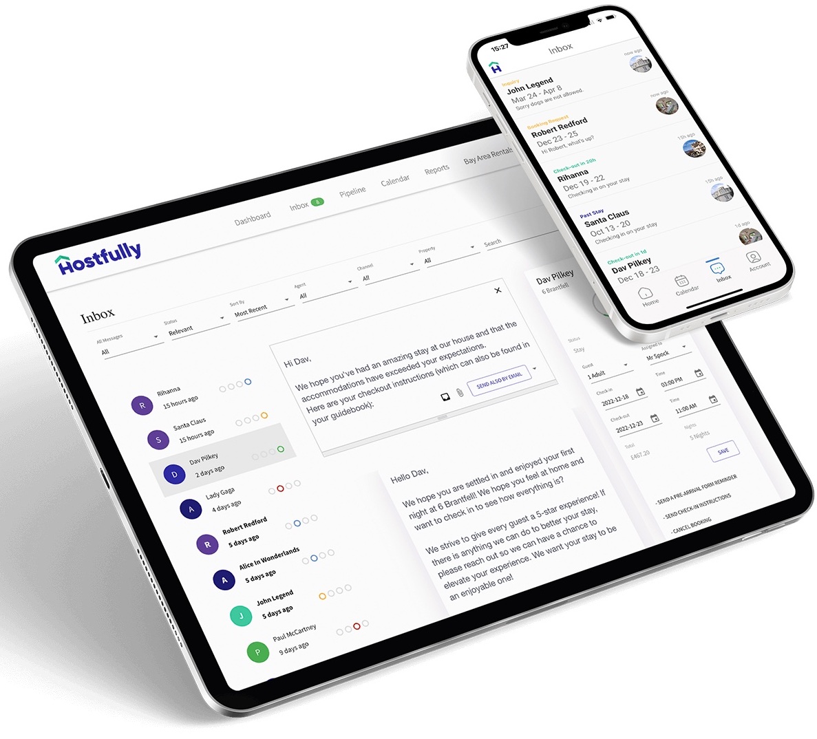 Image of the Hostfully unified inbox on a tablet and a smartphone
