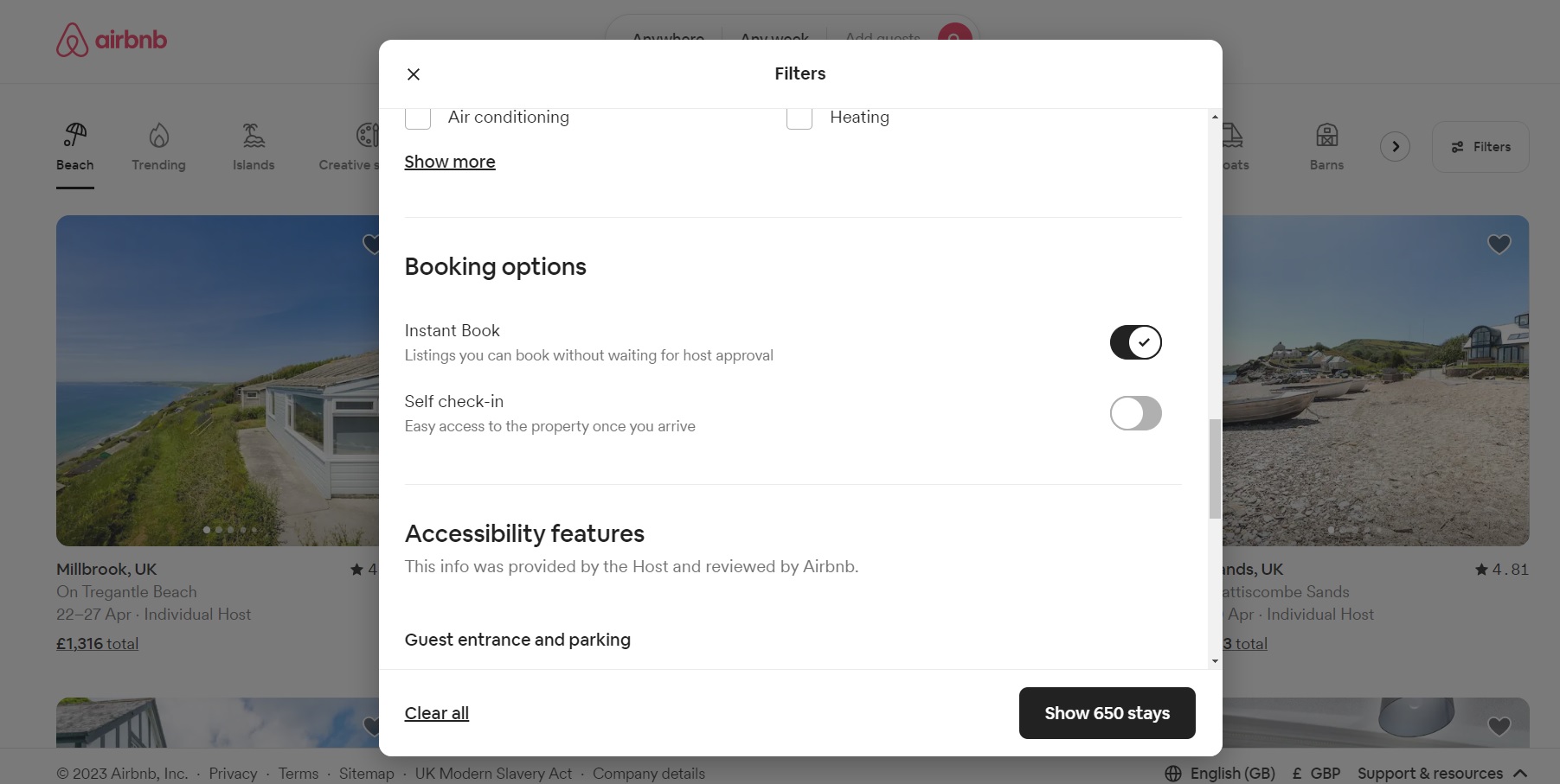 A view of Airbnb’s Instant Book toggle in its search filters