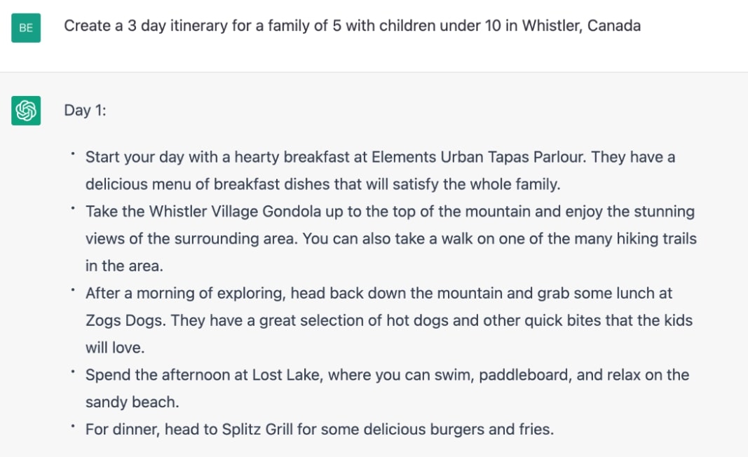 Screenshot of a ChatGPT itinerary