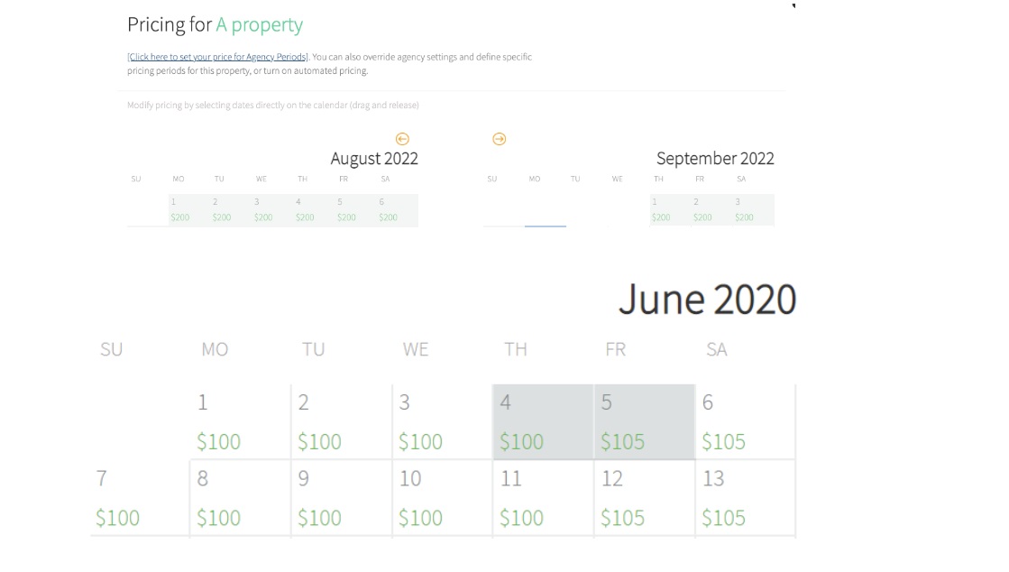 A view of the Hostfully pricing calendar dashboard view