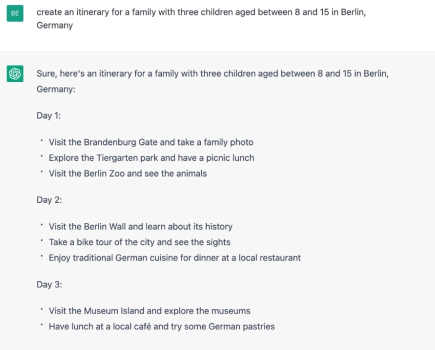 Screenshot of a ChatGPT itinerary