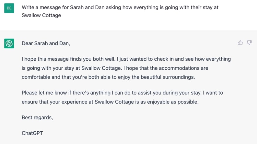 Screenshot of a ChatGPT mid-stay check-in message