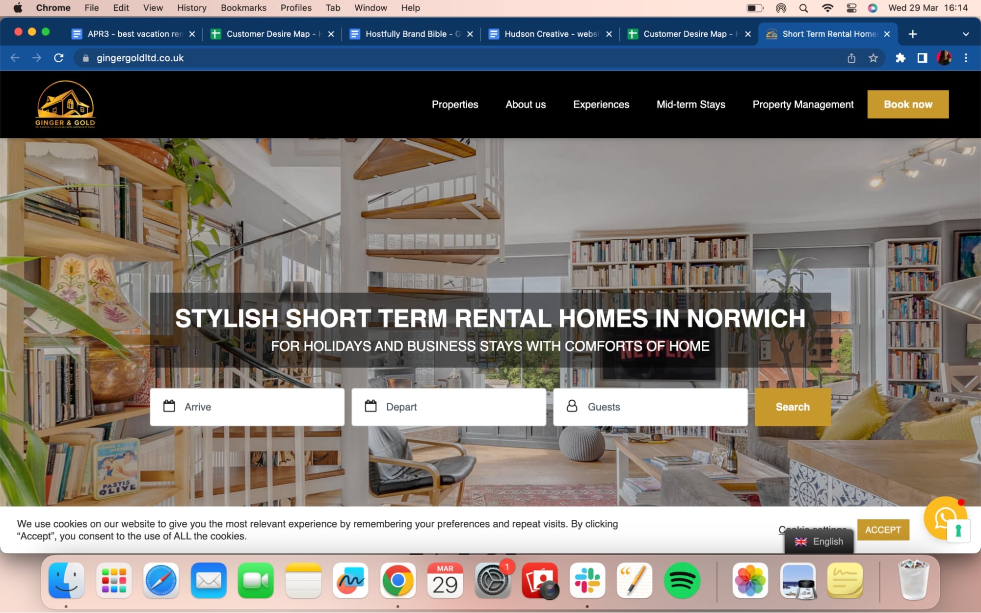 Screenshot of Ginger & Gold vacation rental site