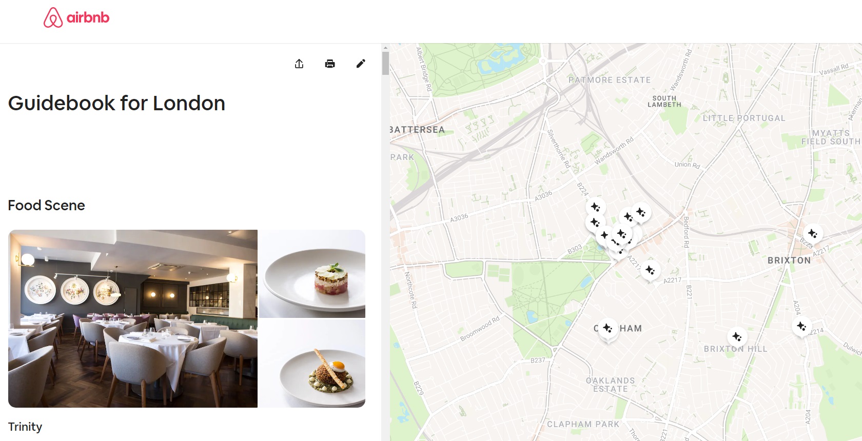 A preview of a typical Airbnb guidebook with listings on one side and map on the other