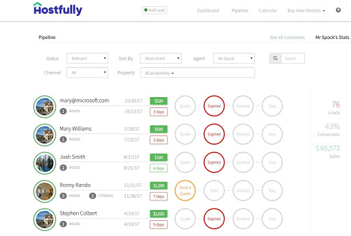 A view of Hostfully’s Booking Pipeline tool with leads and colored circles showing their booking journey
