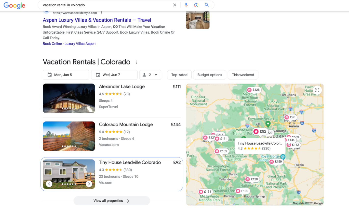 Google Search results for “vacation rental in Colorado”