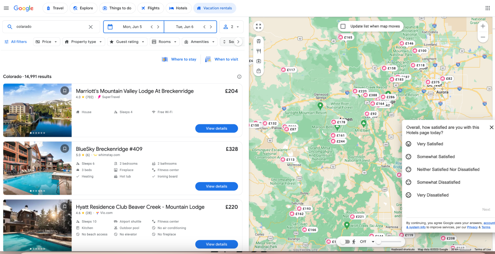 Google Travel results for “vacation rental in Colorado”