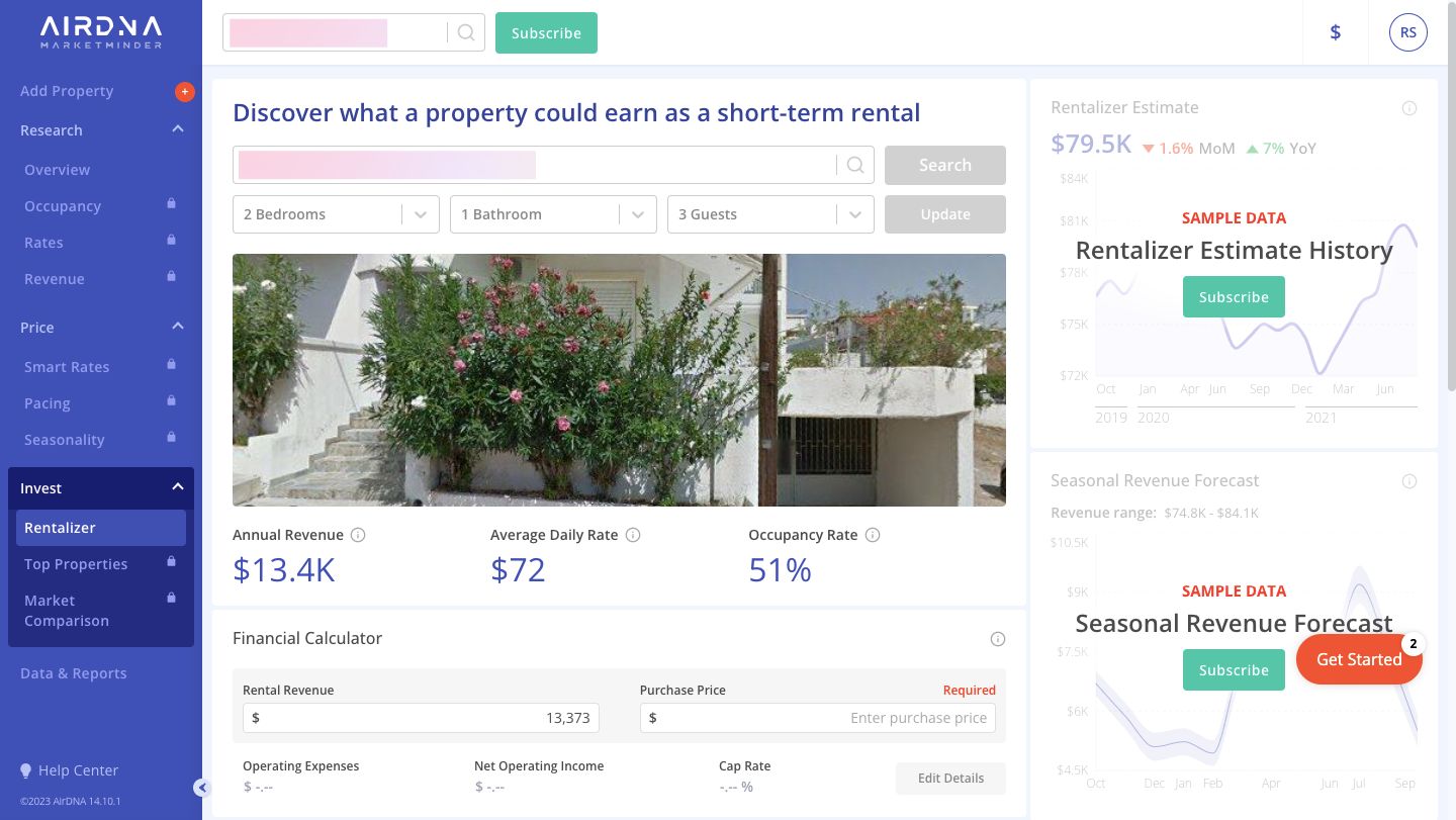 A screenshot of the revenue, ADR, and occupancy calculator on AirDNA.