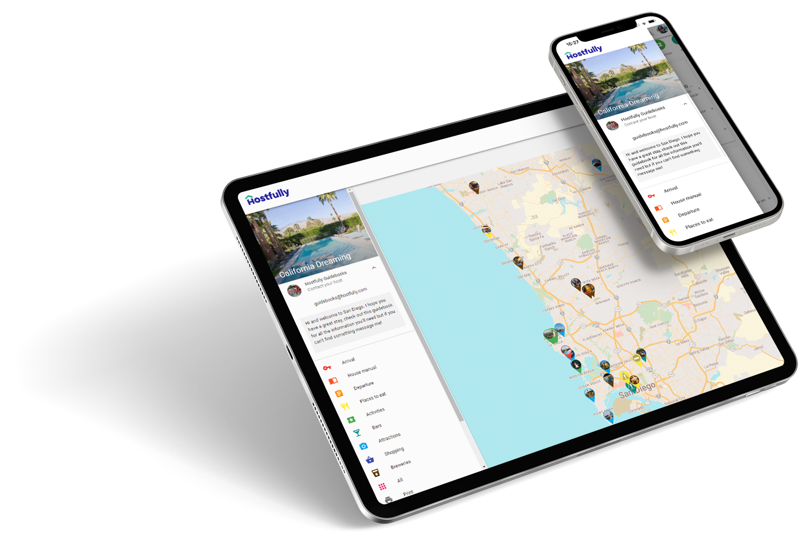 A Hostfully digital guidebook on a tablet and a smartphone