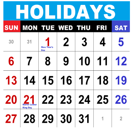 Calendar showing USA national holidays
