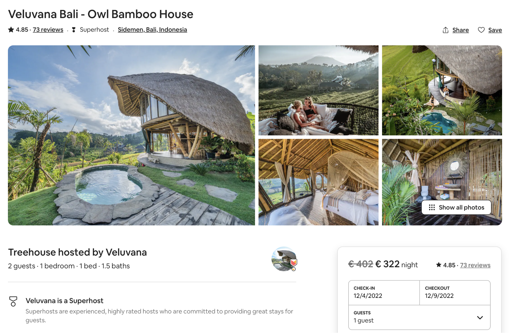 Unique Airbnb bamboo house listing showing prices