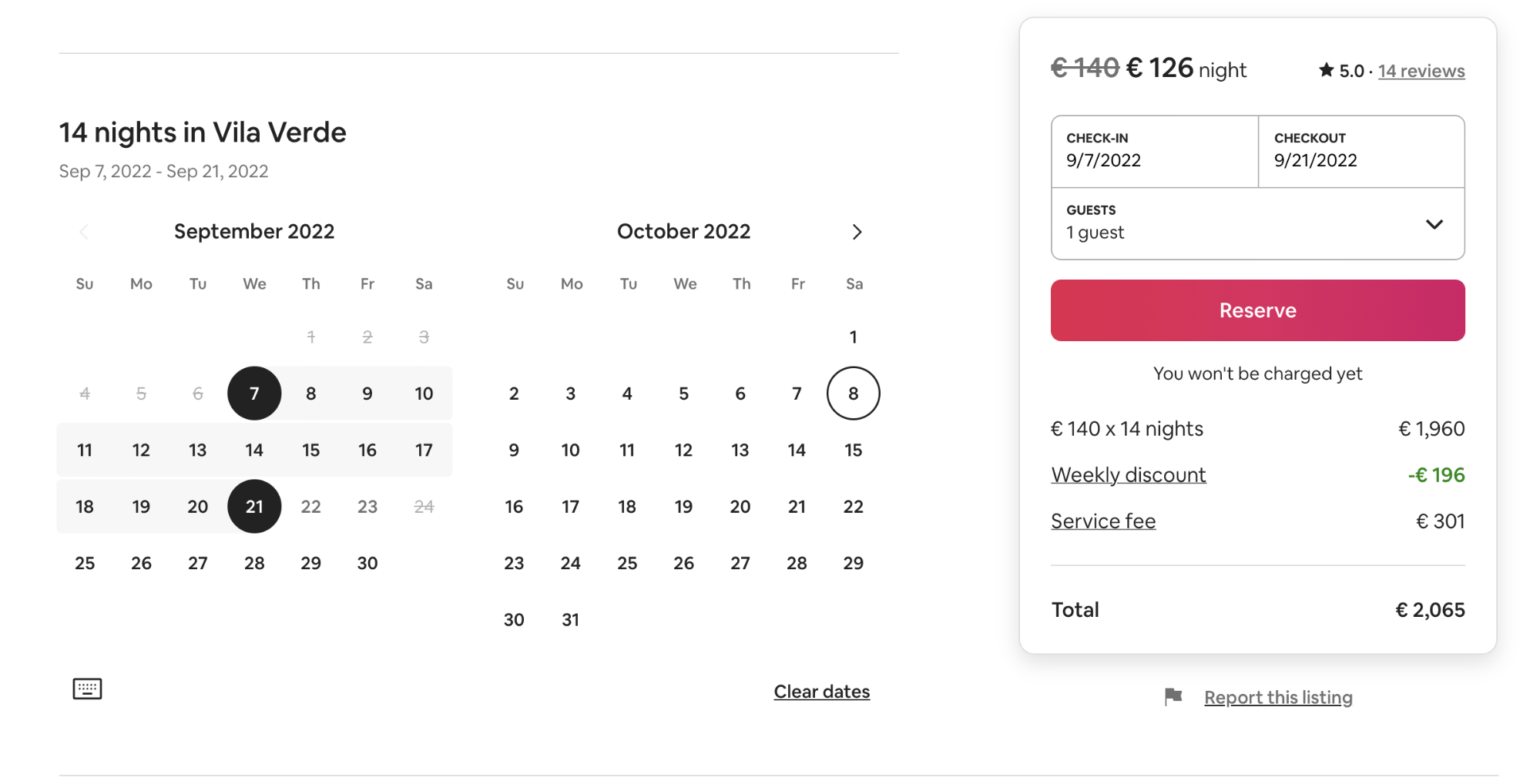 Image of dates and nightly rate on Airbnb