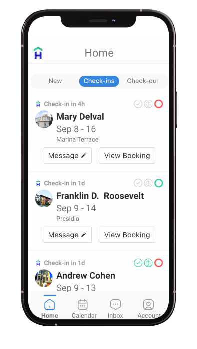 Graphic of Hostfully’s mobile app displaying guest bookings 