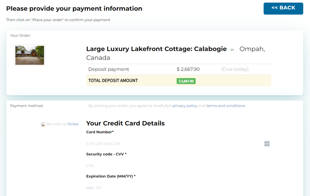 Checkout page showing pictures of a log cabin and fields to enter payment details 