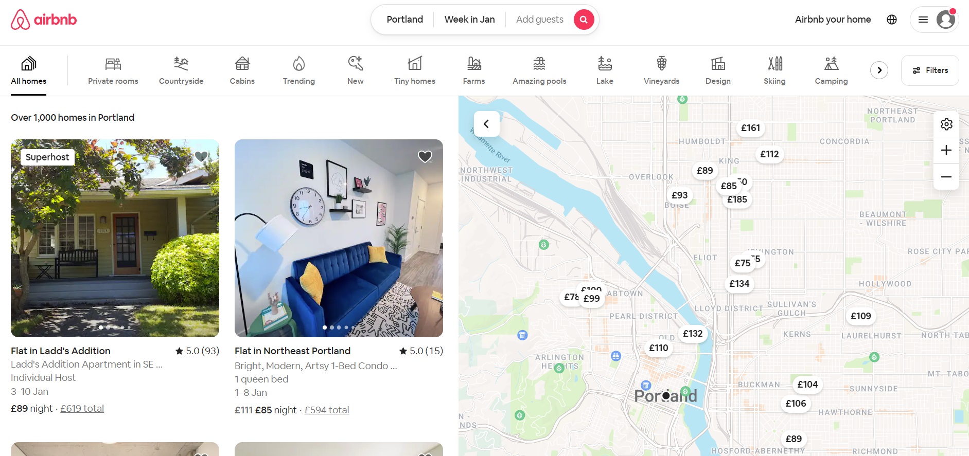 A search results page on Airbnb for Portland, OR