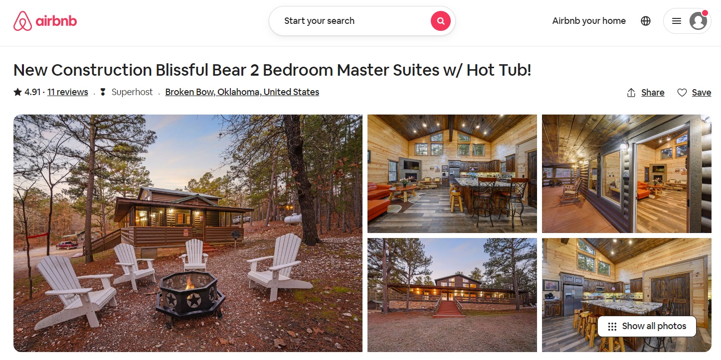 An Airbnb listing of a countryside cabin in Oklahoma, US