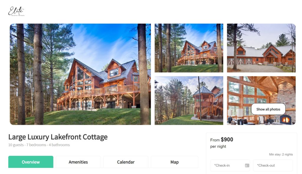 A view of a vacation rentals direct booking website powered by Hostfully