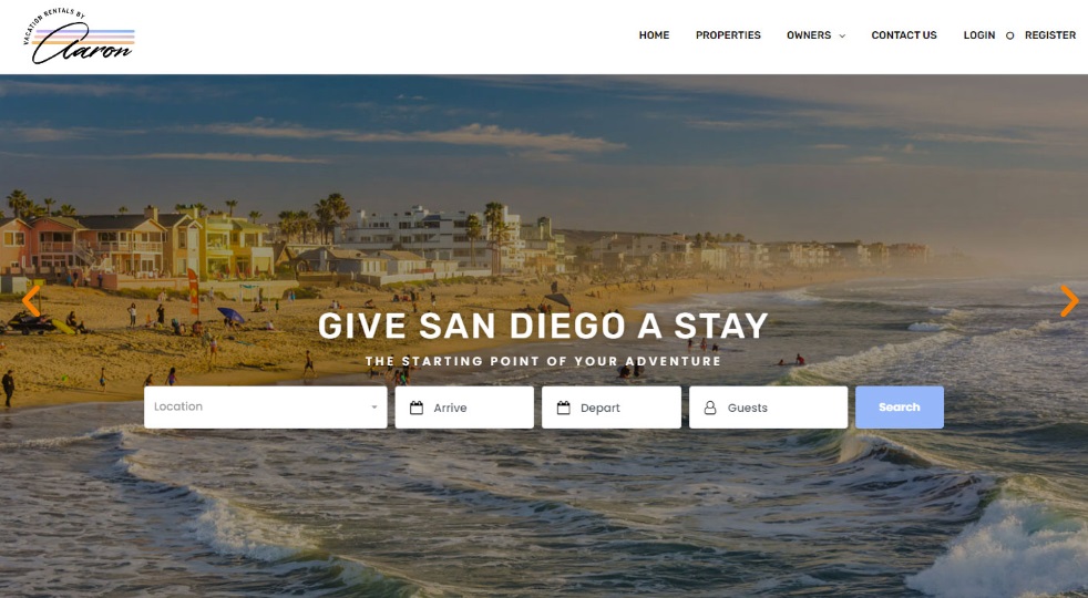 Website homepage with an image of San Diego seafront and search form