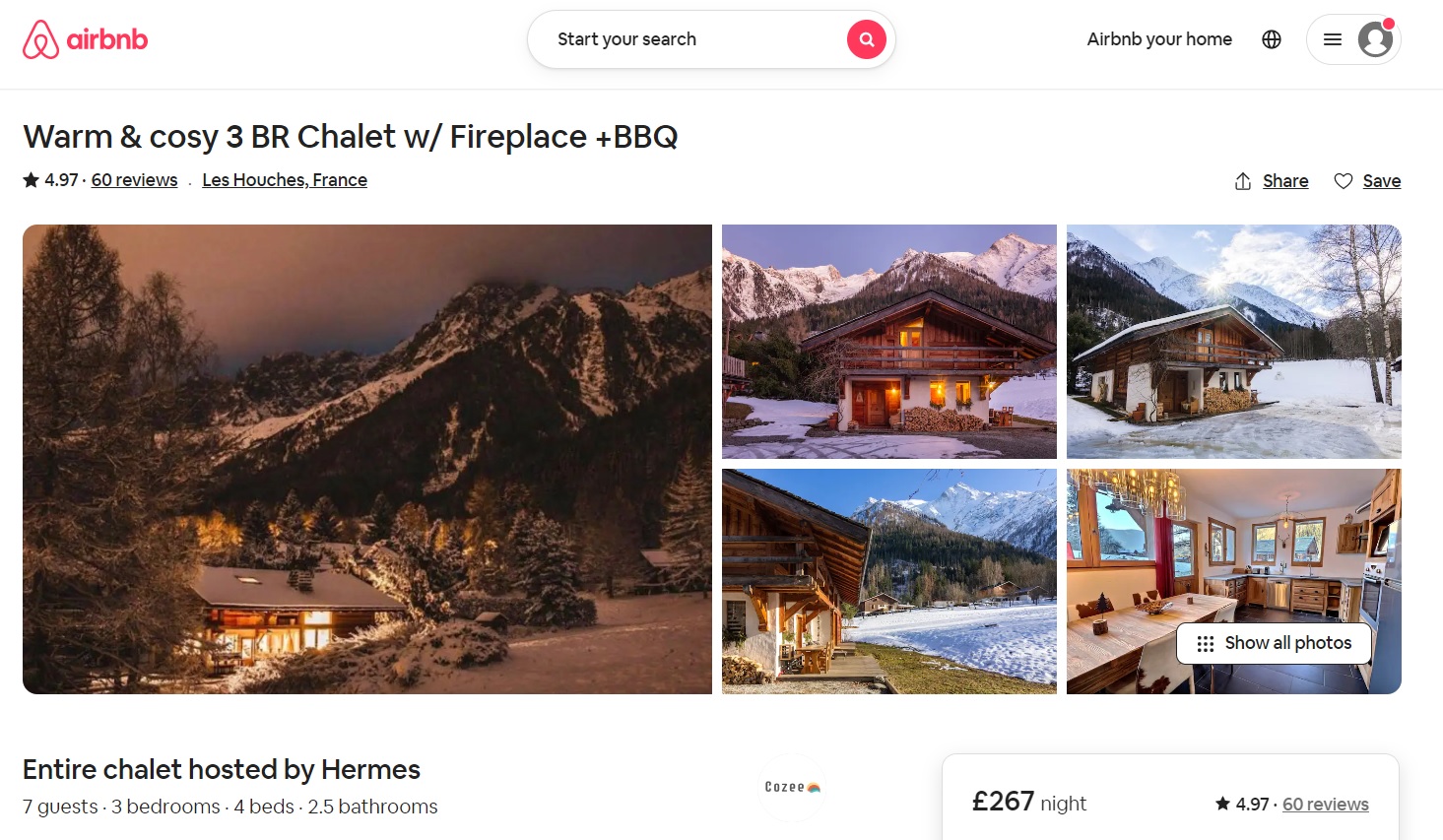 A view of an Airbnb listing with winter photos of a chalet for winter bookings