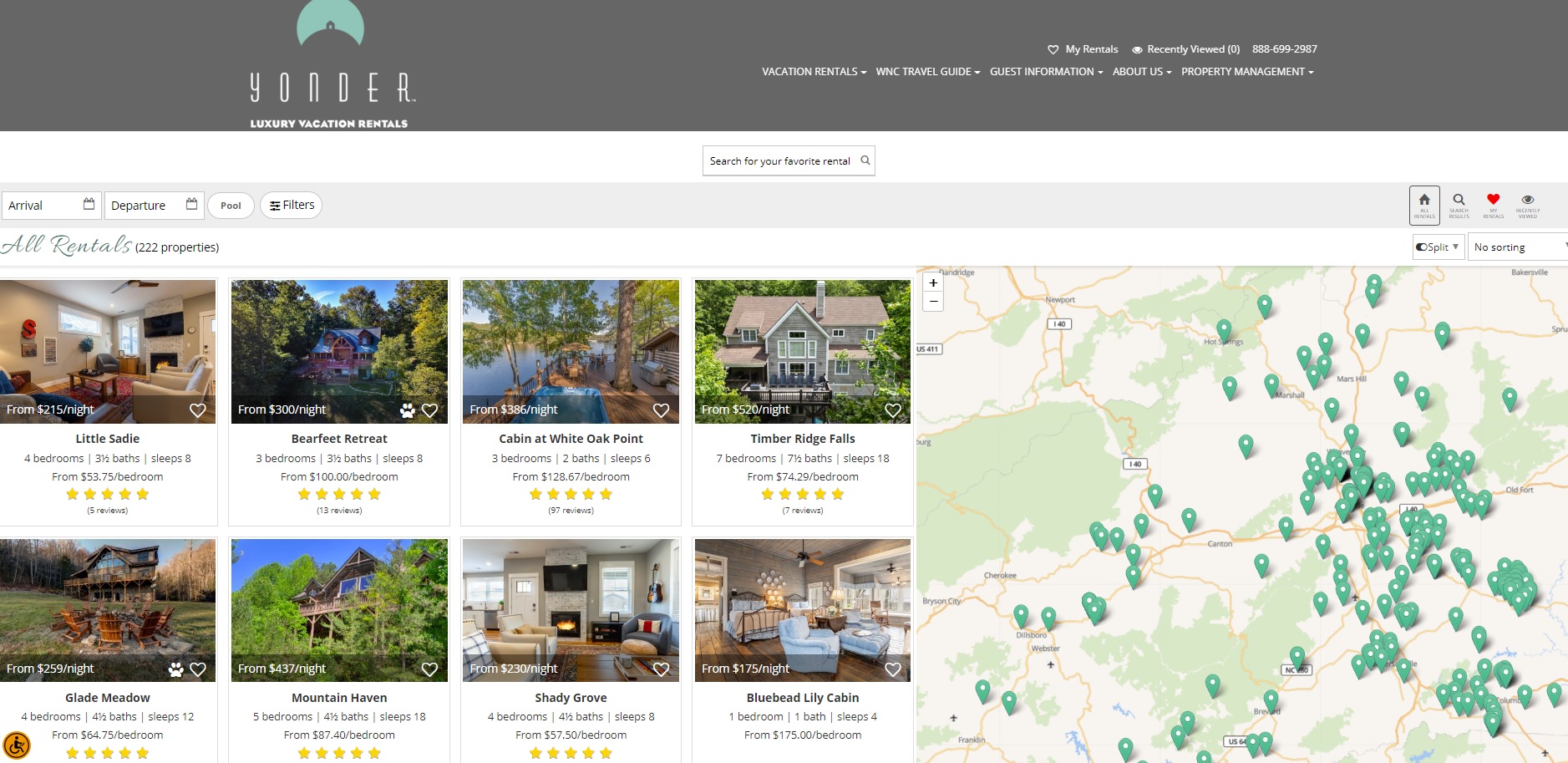 An image of Yonder’s vacation rentals booking page