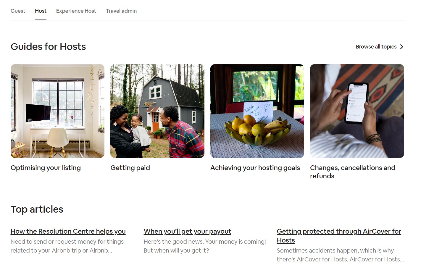A view of Airbnb’s help center guides for hosts.