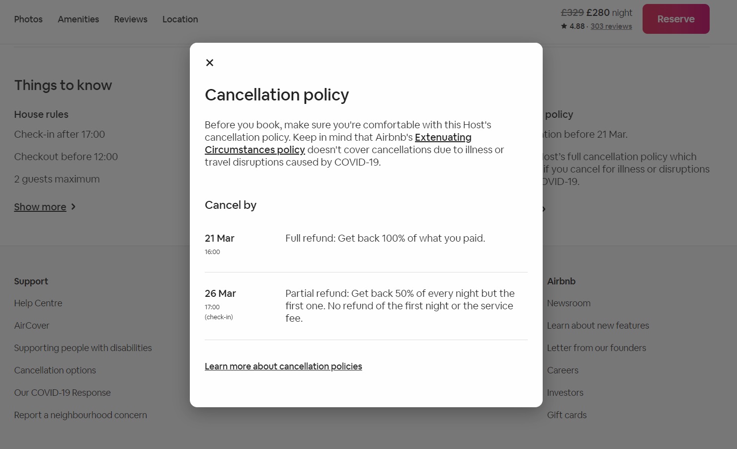 A view of a cancelation policy pop-up on an Airbnb listing.