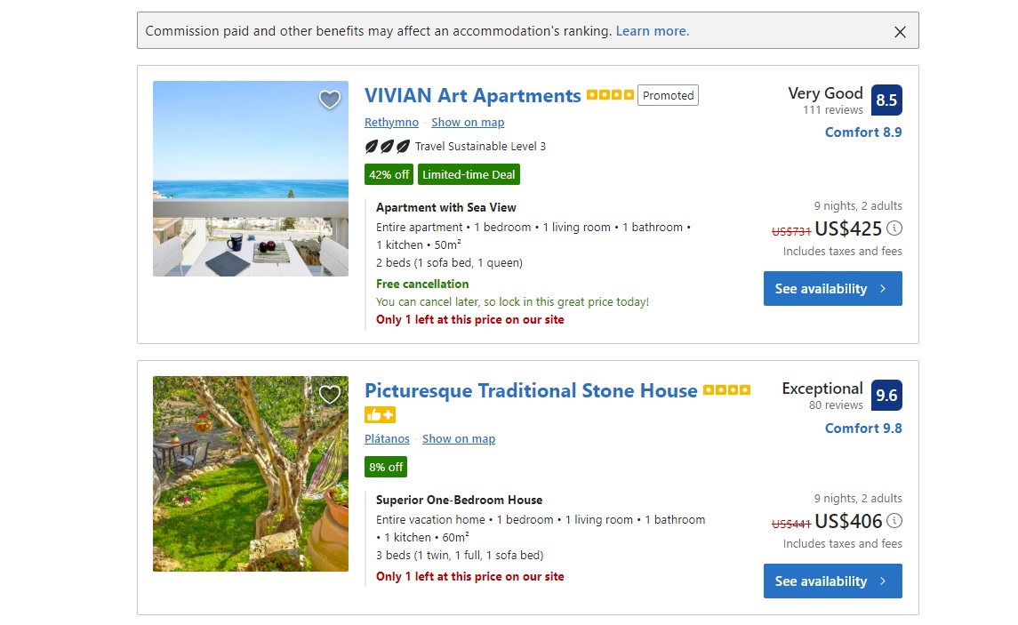 A view of a search results page on Booking.com.