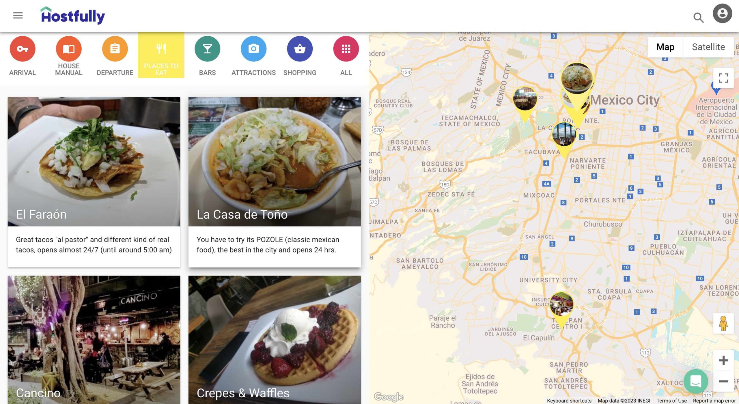 Hostfully Digital Guidebook showing local dining recommendations