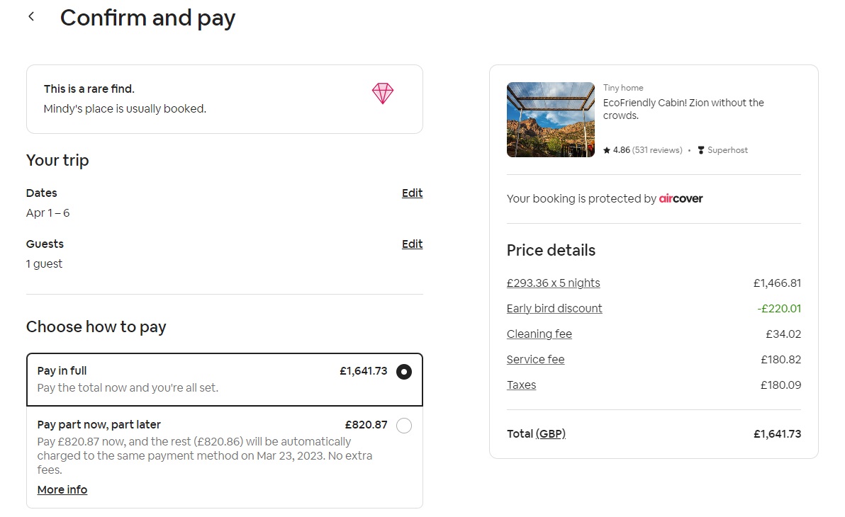The Airbnb payment portal, with the option to pay in full or split the payment.