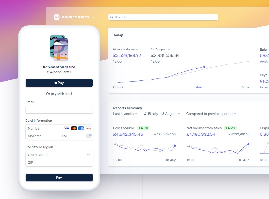 A view of Stripe’s payment smartphone screen and financial dashboard.