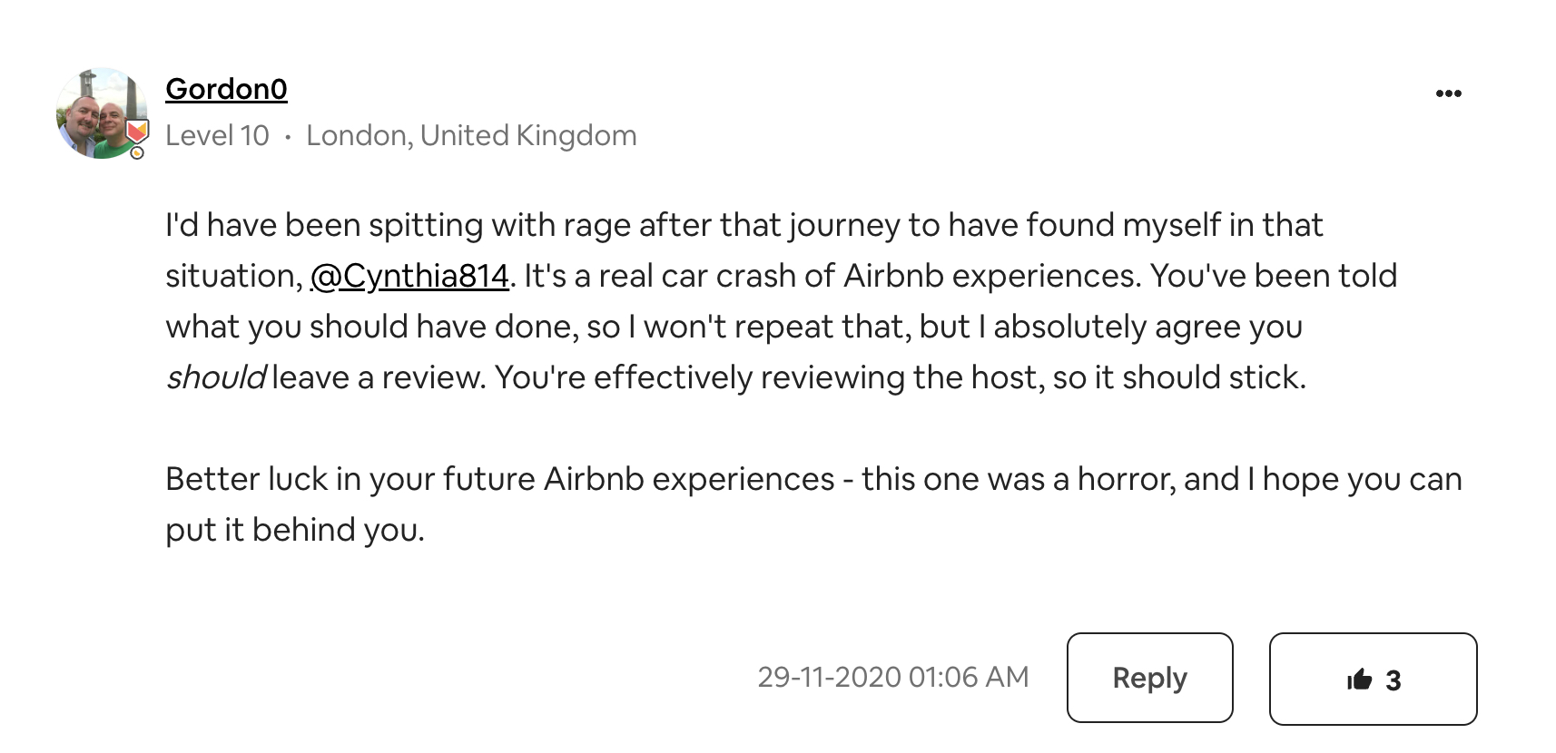 Screenshot from Airbnb community showing a conversation about a double booking and leaving a review
