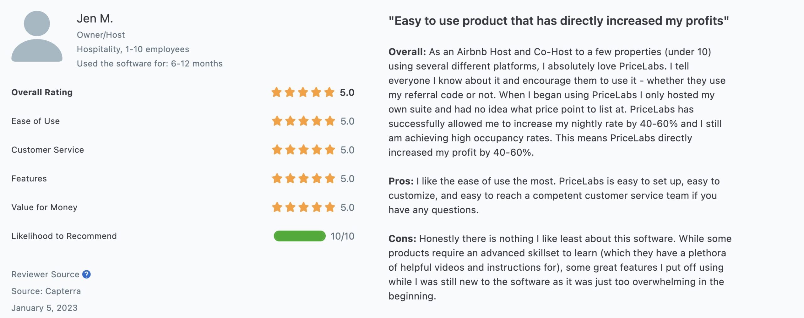 Screenshot of a PriceLabs user review on Capterra