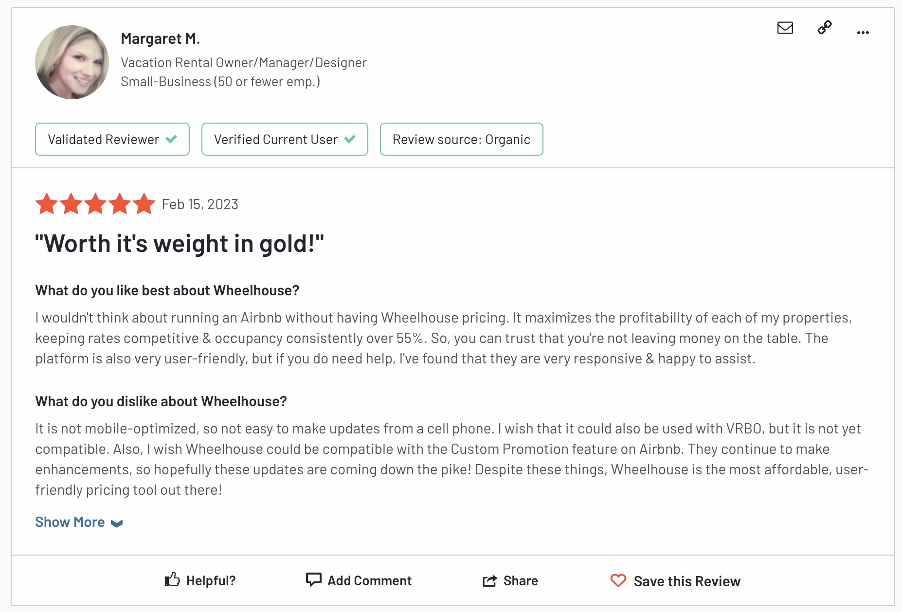 Screenshot of a Wheelhouse user review from G2