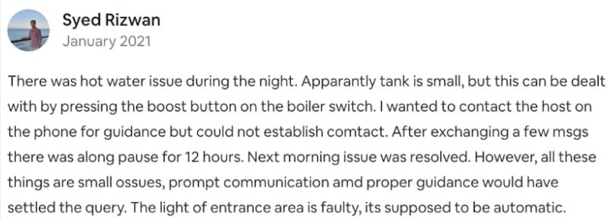 Screenshot of a guest complaining about a 12-hour message delay in an Airbnb review