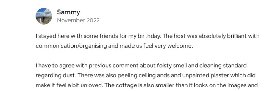 Screenshot of Airbnb guest complaining about dust