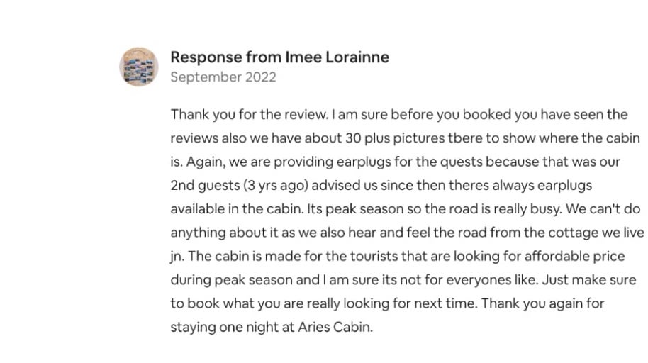 Screenshot of an Airbnb host responding defensively to a review