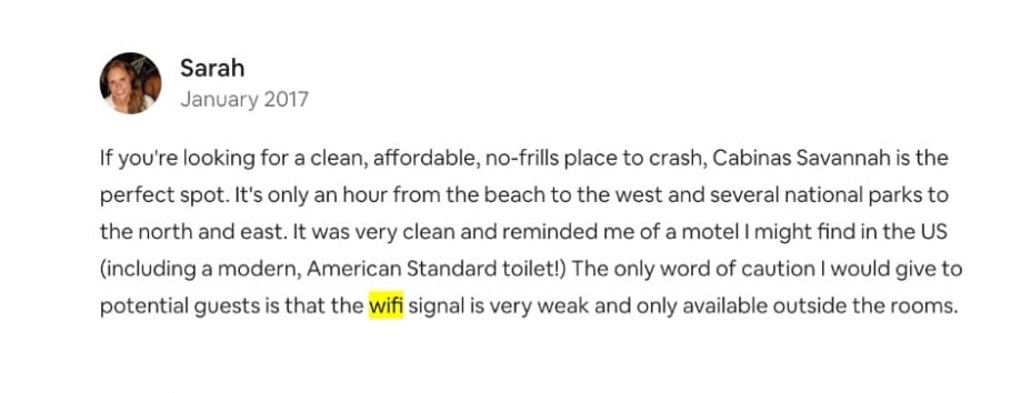 Screenshot of a guest complaining about Wi-Fi in an Airbnb review