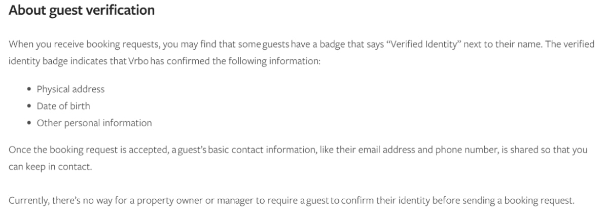 Screenshot of Vrbo’s guest verification process.