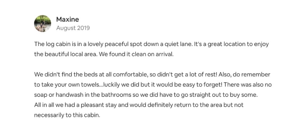 Screenshot of someone complaining about a lack of towels and soap in an Airbnb
